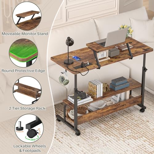 Height Adjustable Standing Desk with Power Outlets and LED Lights - 39" Manual Stand Up Desk with Monitor Stand and Storage Shelves Small Mobile Rolling Computer Desk Portable Laptop Table, Rustic - Image 6