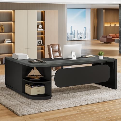 Tribesigns 80'' L-Shaped Desk, Large Executive Office Desk with 55'' Drawers Cabinet, Modern Commercial Office Table with Storage Shelves, Business Furniture for Home Office, Grey & Black by Tribesigns