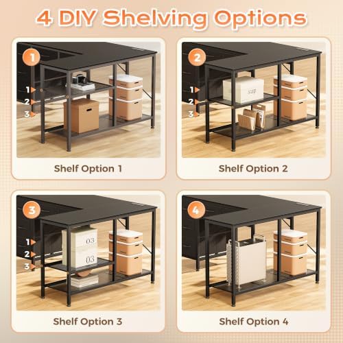PRAISUN 55 Inch L Shaped Desk with Power Outlets, 5 Fabric Drawers - Image 7