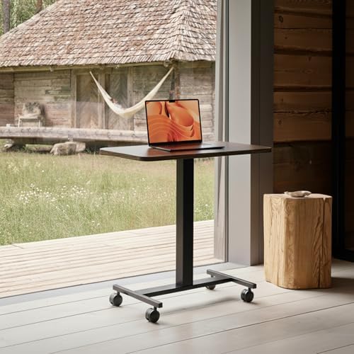 HUANUO Small Rolling Laptop Standing Desk, Height Adjustable Mobile T-Base Desk with Lockable Casters, Portable Sit-Stand Workstation for Bedside & Sofa, Walnut - Image 2