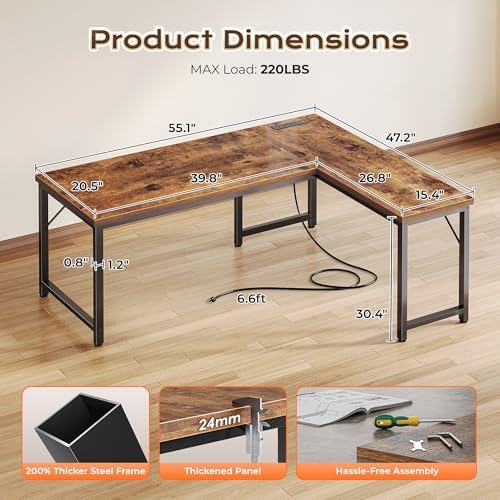 Huuger 55 Inch L Shaped Desk with Power Outlets & 0.95 Inch Thicker Desktop - Image 3