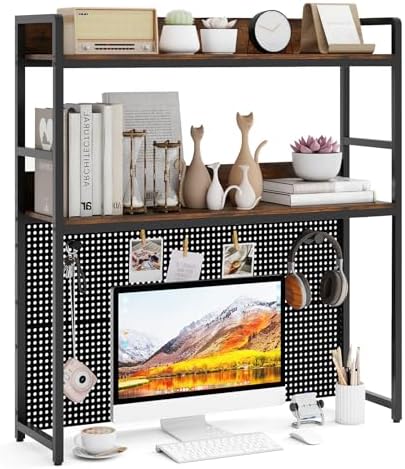GOFLAME Desktop Bookshelf with Pegboard, 37 Inch Industrial Desk Hutch for Computer Monitor, 2-Tier Countertop Organizer Shelf with Safety Guardrails for Home Office, Dorm, Study, Rustic Brown by GOFLAME
