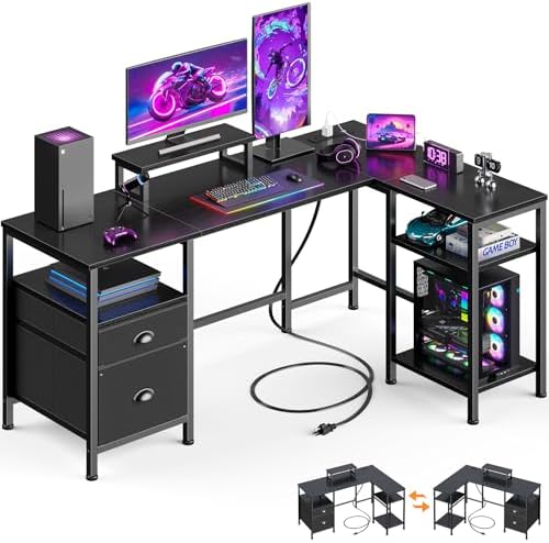 Furologee 50 Inch L Shaped Gaming Desk with Power Outlet and Drawers, Black by Furologee