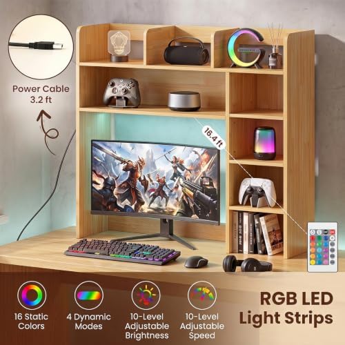 LDAILY Desktop Bookshelf with LED Lights, 35.5’’ Wooden Desk Shelf with 8 Cubes & 3 Adjustable Storage Shelves, 5-Tier Desk Hutch for Dorm College Office Computer Monitor Up to 25’’(Burlywood) - Image 3