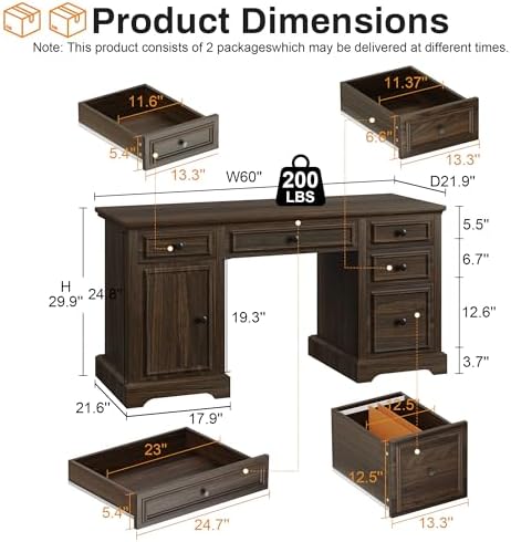 Vipbear 60" Farmhouse Executive Office Desk with Drawers and File Cabinet, Embossed Texture Wood Home Office Desk, Rustic Computer Desk, Workspace for Work Study Writing, Brown - Image 2