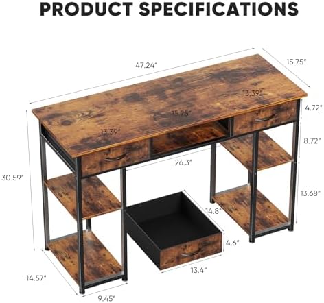 DUMOS 48-Inch Computer Desk with Drawers and Hook, Brown - Image 3