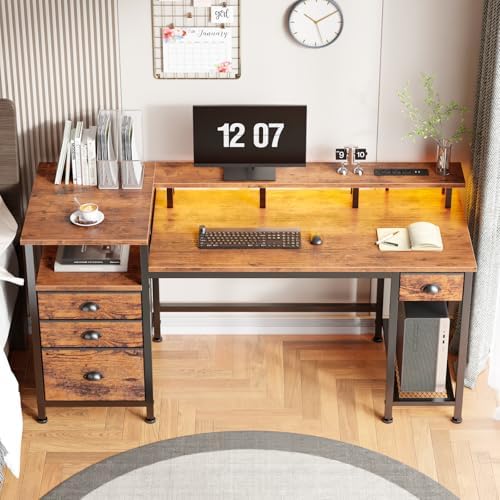 Furologee 60" Computer Desk with 4 Drawers, Power Outlet, LED, Rustic Brown - Image 2