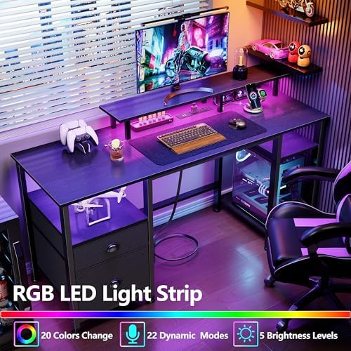 Furologee 51" Gaming Desk with Power Outlets & LED Lights, Reversible Computer Desk with File Cabinet & Monitor Stand for Home Office, Large Work Table with Storage Shelves & Drawer, Black - Image 4