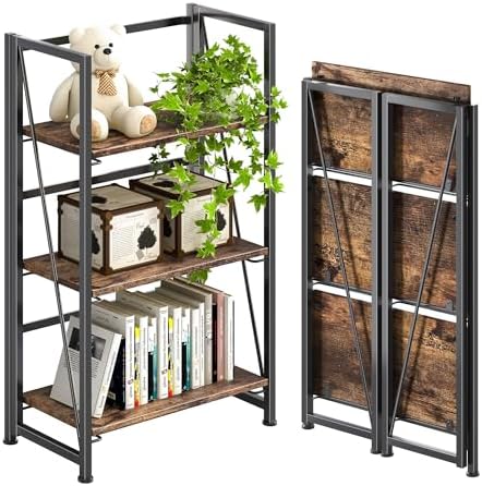 4NM No Assembly Folding Bookshelf Storage Shelves 3 Tier Vintage Bookcase Standing Racks Study Organizer Home Office by 4NM