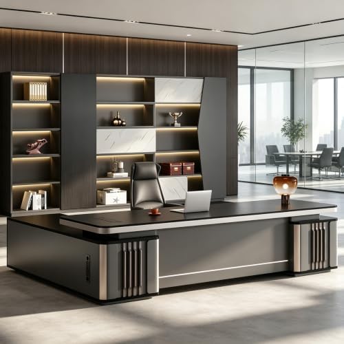 Modern L Shaped Executive Desk with Drawers & Storage, Executive Office Desk Computer Table with Aluminum Alloy Inlaid Curved Surface, Management Workstation for Home or Office(D-Right, L2.8M/110IN) by Unknown