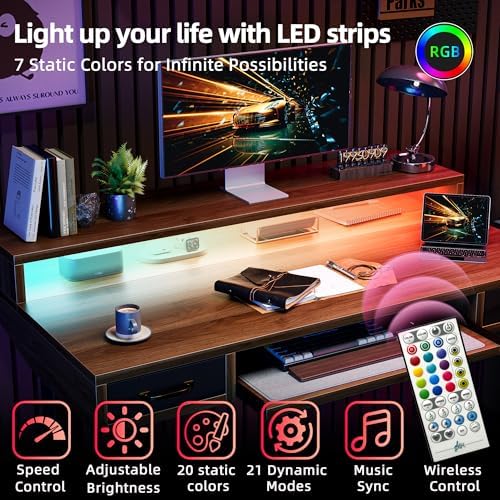 TIQLAB Standing Desk with Two Drawers, Stand Up Standing Desk Adjustable Height, Electric Sit Stand Table with Storage Shelf and Splice Board, with LED Light, 47 * 28 inch, Black Walnut - Image 4