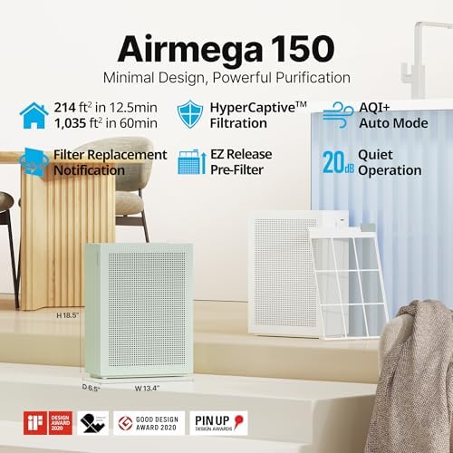 COWAY Air Purifiers for Home Bedroom up to 1,035ft² with HEPA Filter, Carbon Filter, Washable Filter for Smoke, Pollen, Dander, with Air Quality Monitor, Auto Mode, 3yr Warranty, Airmega 150 White - Image 2
