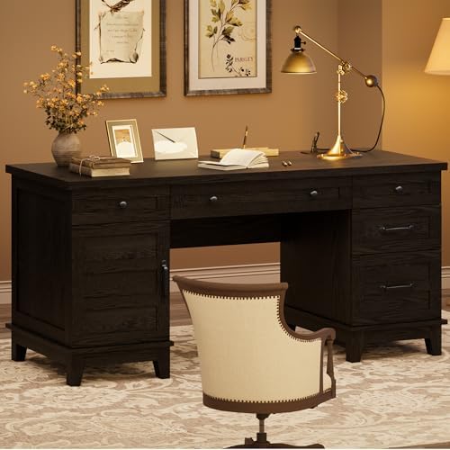 GarveeHome Farmhouse Executive Desk with File Drawers, 60 in Home Office Desk with Charging Station, Wooden Computer Desk with Cabinet Storage for Work Study Writing, Rustic Black - Image 4