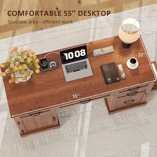 Whalefall 55'' Farmhouse Desk Home Office with Drawers, Brown - Image 6