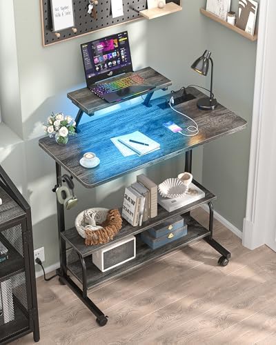 Height Adjustable Standing Desk with Power Outlets and LED Lights - 32" Manual Stand Up Desk with Monitor Stand and Storage Shelves Small Mobile Rolling Computer Desk Portable Laptop Table, Grey Oak - Image 2