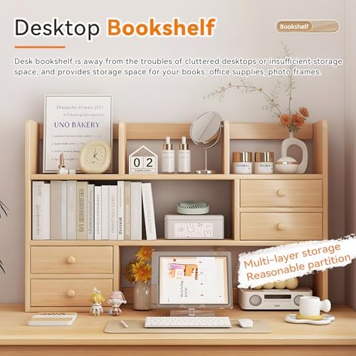Desk Hutch, Wood Desktop Shelf Organizer with Cubby & Drawer for College Dorm Room, Office Desk Top Bookshelf for Storage - Image 3