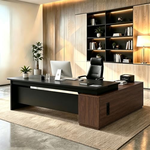 L Shaped Executive Desk with Drawers, Large Wood Workstation, Modern Executive Office Furniture for Home Office and Business Workspace, Multiple Sizes & Colors by Unknown