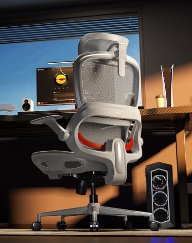 SIHOO B100 Office Chair, Comfy Ergonomic Office Chair, High Back Computer Chair with Adaptive Lumbar Support & wide Headrest, Flip-up Armrests, Swivel Desk Chair for Long Hours, WITHOUT Footrest, Grey - Image 2