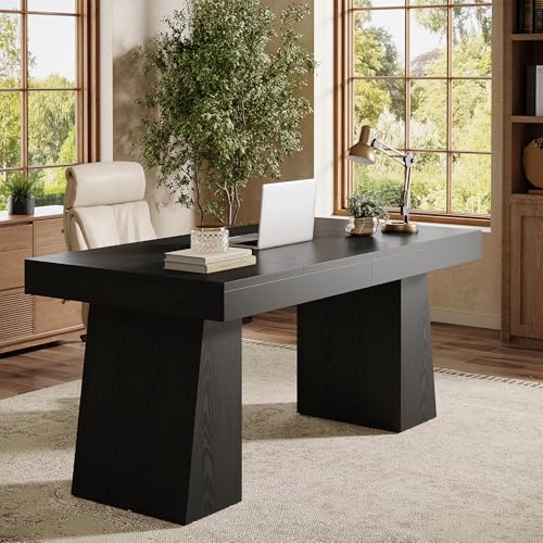 Tribesigns 55" Executive Desk, Wooden Office Desk with Double Pedestal, Modern Simple Computer Writing Table for Home Office, Black - Image 3
