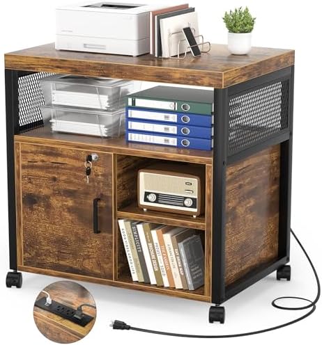 Unikito Rolling File Cabinet, Lateral Filing Cabinet on Wheels Mobile Office Printer Stand with Door and Open Storage Shelf for A4, Letter Size and Hanging File Folders, Lockable, Rustic Brown by Unikito