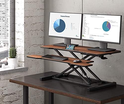 FITUEYES Height Adjustable Standing Desk 36” Wide Sit to Stand Converter Stand Up Desk Tabletop Workstation for Laptops Dual Monitor Riser Brown SD309102WE - Image 2