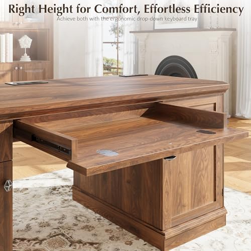 59" Classic Executive Desk with Storage, Victorian Executive Desk with Charging Station, Keyboard Tray, 3 Drawers & 2 Cabinet Storage & 2 Pedestals, Easy Assembly, Dark Walnut - Image 6