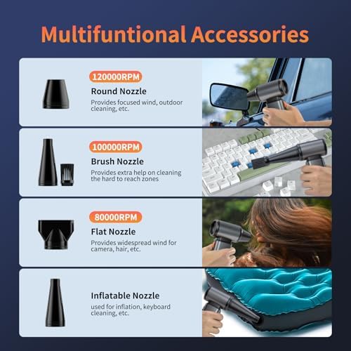 Compressed Air Duster, Stepless Speed Electric Air Duster, Metal Shell Air Blower with Brushless Motor, 120000 RPM Keyboard Cleaner Replaces Canned Air for Outdoors, Car, Home Cleaning - Image 4