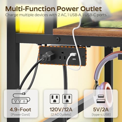 YATINEY Small Computer Desk with Charging Station and LED Lights, Gaming Desk with Monitor Stand, 2-Tier Home Office Desk with 4 Side Hooks, for Living Room, Home Office, Rustic Brown DN01UDBRY2 - Image 7