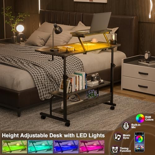 Height Adjustable Standing Desk with Power Outlets and LED Lights - 32" Manual Stand Up Desk with Monitor Stand and Storage Shelves Small Mobile Rolling Computer Desk Portable Laptop Table, Grey Oak - Image 5