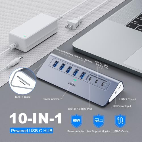 Powered USB Hub 10Gbps, intpw YH6AC Plus 10-Port USB 3.2 Hub(USB A+USB C 3.2+3 USB-A 3.0+2 PD 45W Fast Charging Ports+SD/TF Card Reader), 65W Power Adapter,Aluminum USB HUB for PC,Laptop,iPhone 17/16 - Image 2