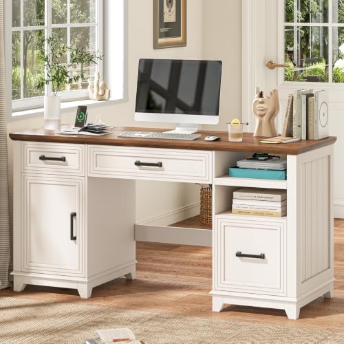 Vabches 55" Farmhouse Executive Desk with Charging Station, Rustic White by Vabches