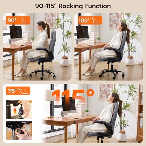 Ylzyxal Office Desk Chair, Ergonomic Computer Chair with Padded Flip-Up Arms and Adjustable Lumbar Support, PU Leather Executive Chair with Tilt Lock and 360° Swivel Rolling Wheels for Work, Study - Image 4