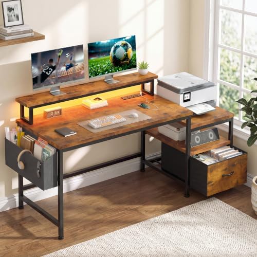 EnHomee 56.5" Office Desk with Drawers & Printer Space for Home Work,Brown by EnHomee