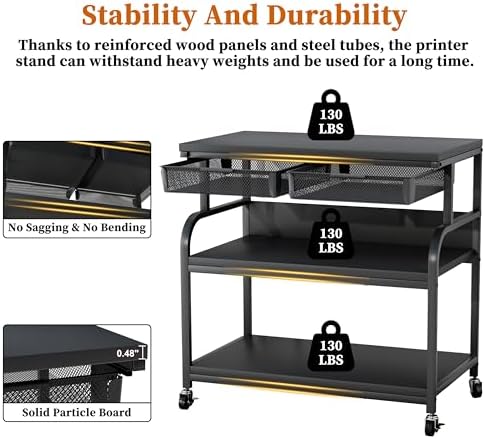 EasyCom 32.3"×18.9" XL Printer Stand with Double Drawers & Wheels - Image 5
