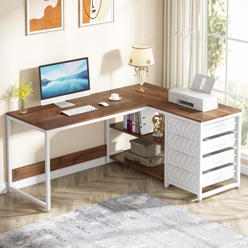 Tribesigns L Shaped Computer Desk with Storage Drawers, 59 inch Corner Desk with Shelves, Reversible L-Shaped Office Desk Study Writing Table Workstation for Home Office, Walnut & White by Tribesigns