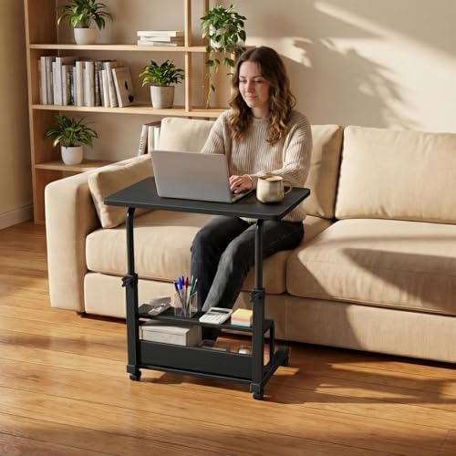 WINAZ Small Portable Rolling Kids Desk - 32" Mobile Laptop Desk with Wheels for Small Spaces, Height Adjustable C Shaped Side Table with 2-Tier Storage Shelves, Black - Image 4