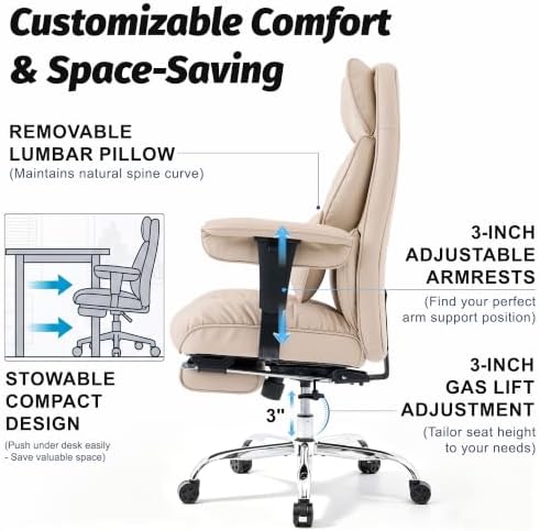 Efomao Executive Office Chair 400lbs,Beige Big and Tall Desk Chair - Image 6