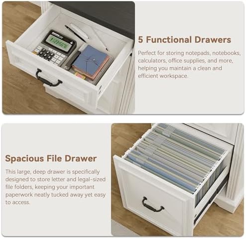 Farmhouse L Shaped Executive Desk with 4 Drawers, Home Office Desk with Hidden Under-Desk Storage Shelf and Charging Station, File Cabinet Storage, Wood Corner Computer Desk for Work(White+Black) - Image 6