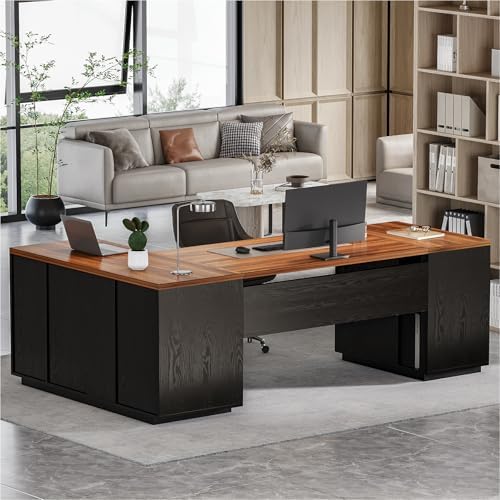 LITTLE TREE 87-Inch Modern Executive Desk with File Cabinet, Large Home Office Desk with Drawers, 3-Drawer Wooden File Cabinet, Spacious Workstation for Home Office (Brown & Black) by LITTLETREE