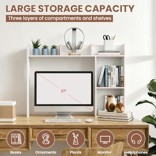 Desk Hutch Dorm White, 3-Tire Wood Desk Shelf Storage Organizer for Office Home - Image 3