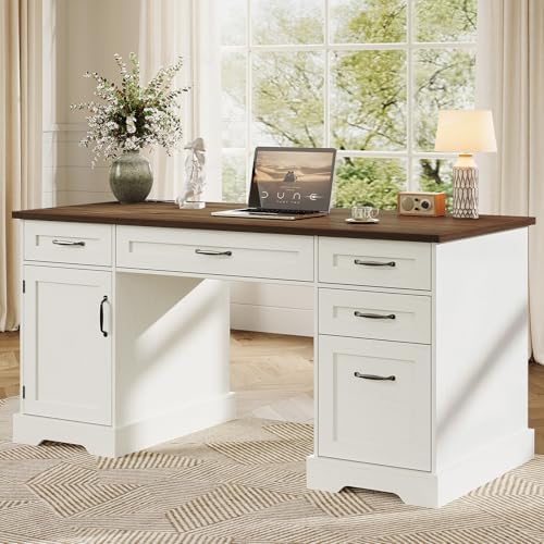 OffiGo Farmhouse 59 Inch Executive Desk with Drawers, Walnut+White by OfficeGo-ForHomeOfficeWork
