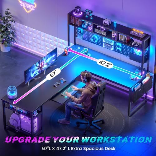 SEDETA 67" L Shaped Gaming Desk with Pegboard LED Lights and Power Outlet - Image 5