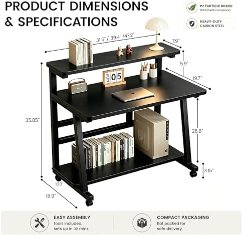 39.4 Inch Compact Rolling Computer Desk with Tier Worktable & Lockable Wheels, Small Computer Desk, Small Desk for Bedroom, Mobile Writing Workstation Easy Assembly for Home Office Small Spaces - Image 3