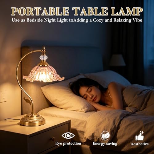 Vintage Floral Table Lamp, Plug in Mid-Century Modern Desk Lamp with Amber Glass Shade, Gold Bedside Table Lamp Dimmable for Bedroom Living Room Home Office, E26 Base, UL Listed - Image 6