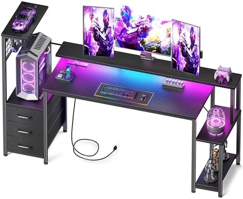 Korfile 63 Inch Gaming Desk with Bluetooth LED Lights & Power Outlets,Computer Desk with Fabric Drawers & Hooks,Reversible Gamer Table with Monitor Stand for Game Room,Home Office,Carbon Fiber Black by Korfile