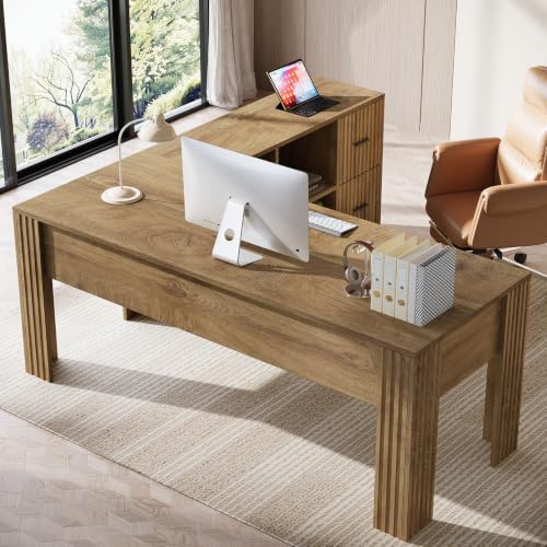 Tribesigns 63" L Shaped Executive Desk with Mobile File Cabinet, Brown - Image 3