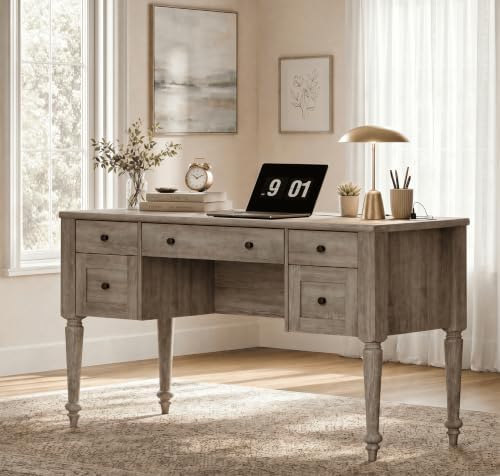 WAMPAT Farmhouse Executive Desk with Drawers, Vintage Writing Desk with Charging Station, Home Office Desk with Storage Cabinet & Open Shelf for Study, 56 Inch, Grey by WAMPAT