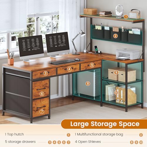 SEDETA 47.2" Reversible L Shaped Office Desk with Drawers, Hutch, Shelves - Image 6