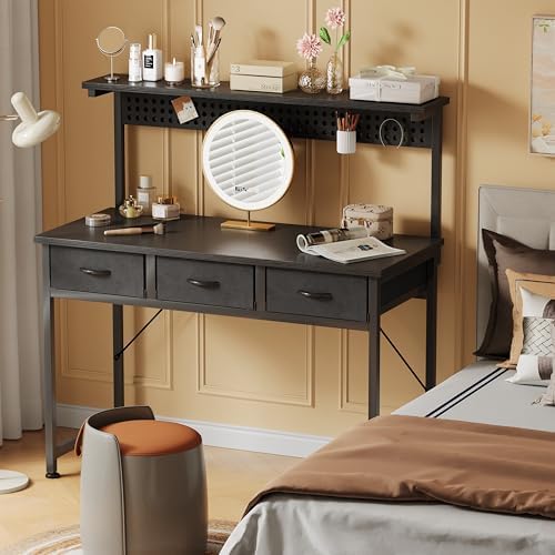 MUTUN Computer Desk with Drawers, 40 Inch Computer Desk with Power Outlet & LED Light, Gaming Desk with Adjustable Monitor Stand & Pegboard, Modern PC Study Writing Table for Bedroom, Black - Image 2