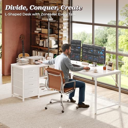 PRAISUN 61" L Shaped Desk with Power Outlets & 4 Drawers - Image 2